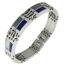 Men's Stainless Steel Bracelet with Blue Carbon Fiber and Steel Cable Accents